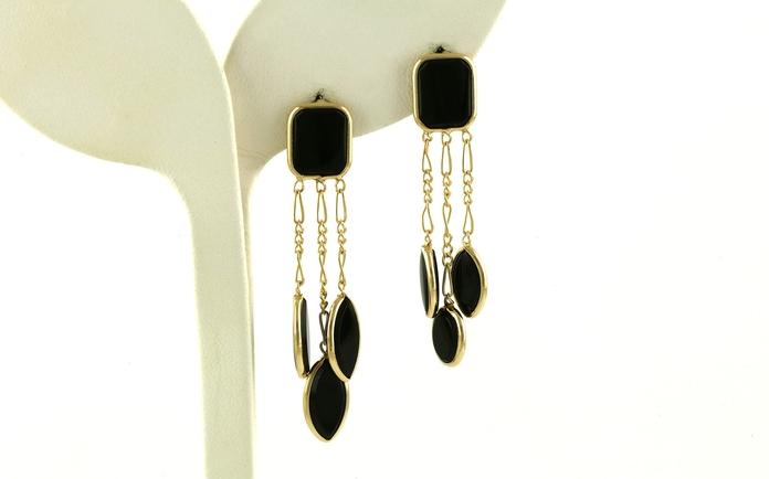 content/products/Estate Piece: Triple Drop Bezel-set Marquise and Rectangle Black Onyx Dangle Earrings in Yellow Gold