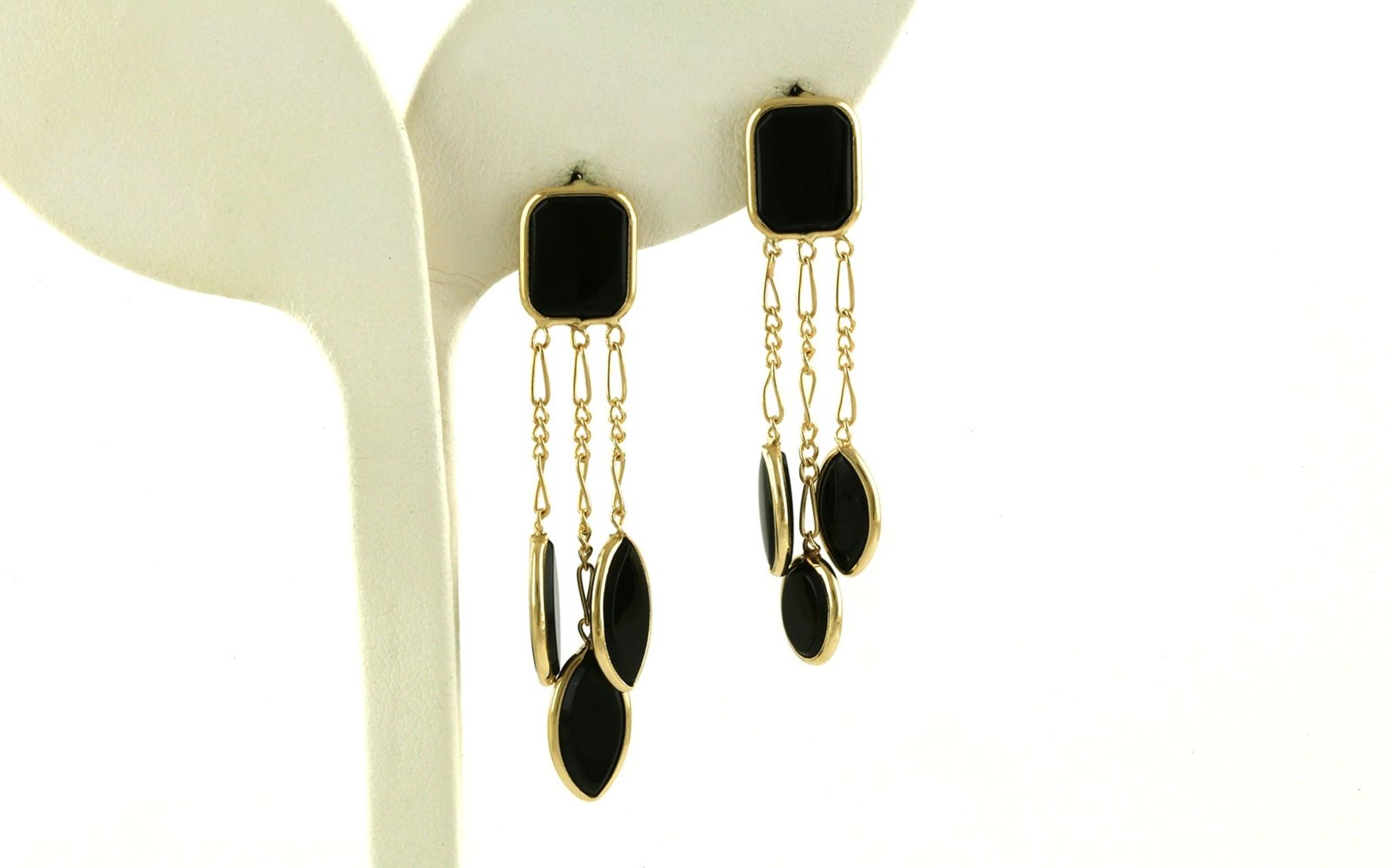 Estate Piece: Triple Drop Bezel-set Marquise and Rectangle Black Onyx Dangle Earrings in Yellow Gold
