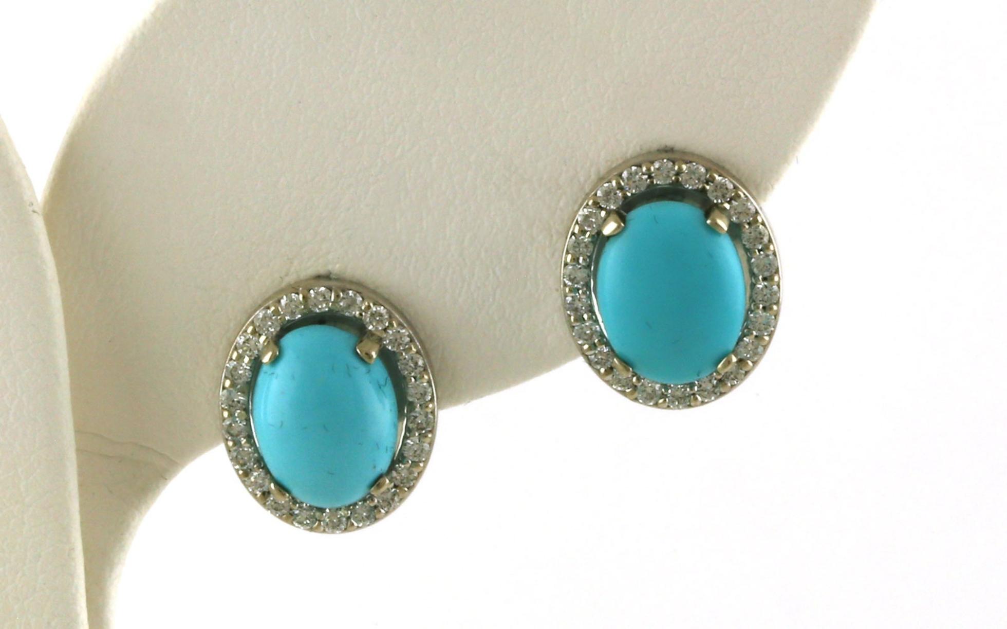 Oval Halo-style Turquoise and Diamond Stud Earrings in White Gold