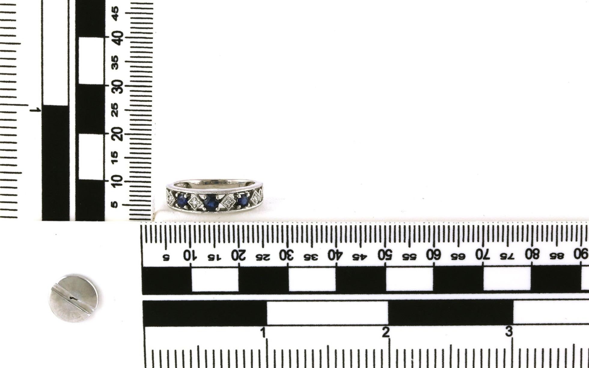 Estate Piece: 7-Stone Filigree Diamond Pattern Sapphire and Diamond Band in White Gold (0.29cts TWT) scale