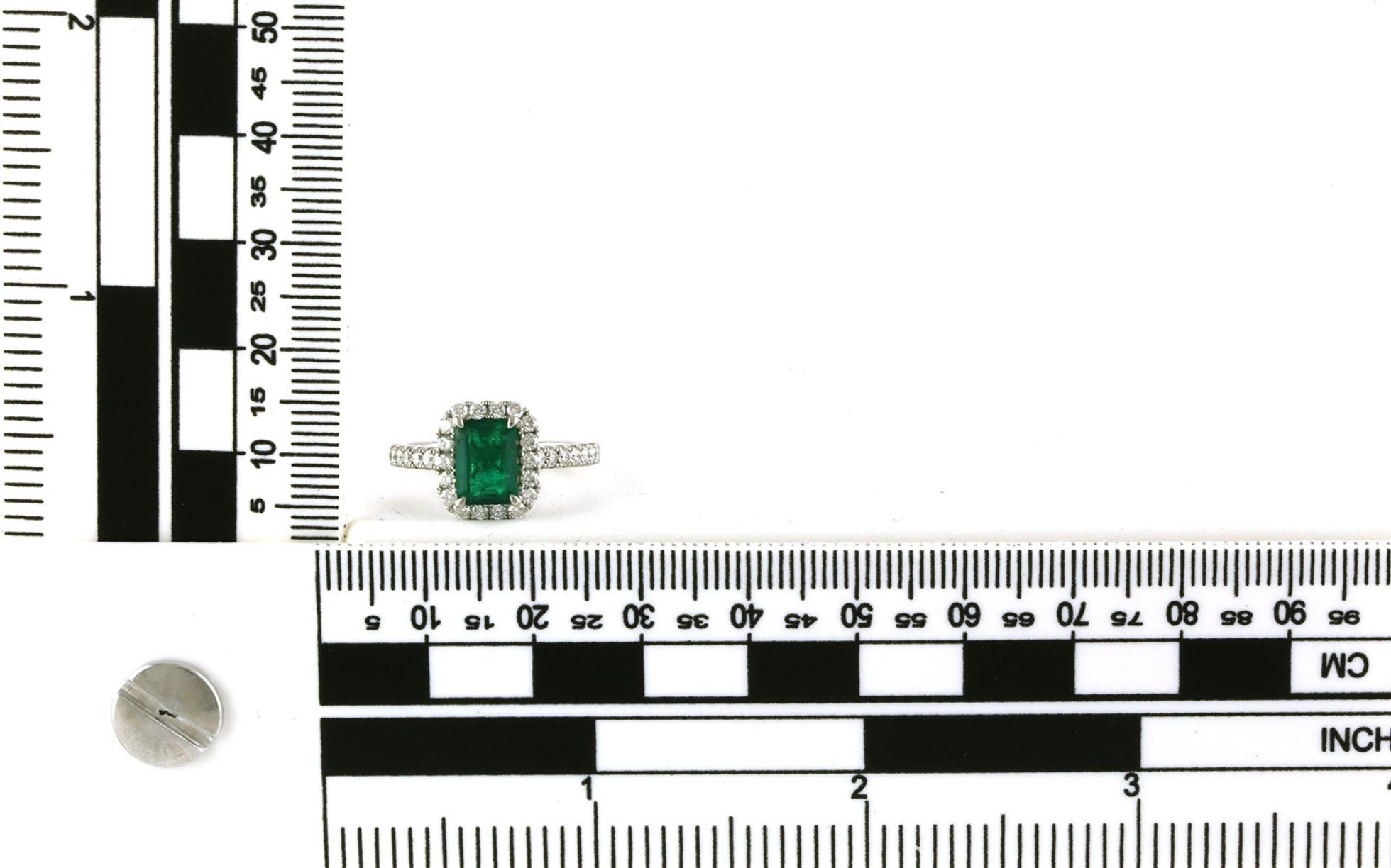 Estate Piece: Halo-style Emerald-cut Emerald and Diamond Ring in White Gold (1.85cts TWT) scale