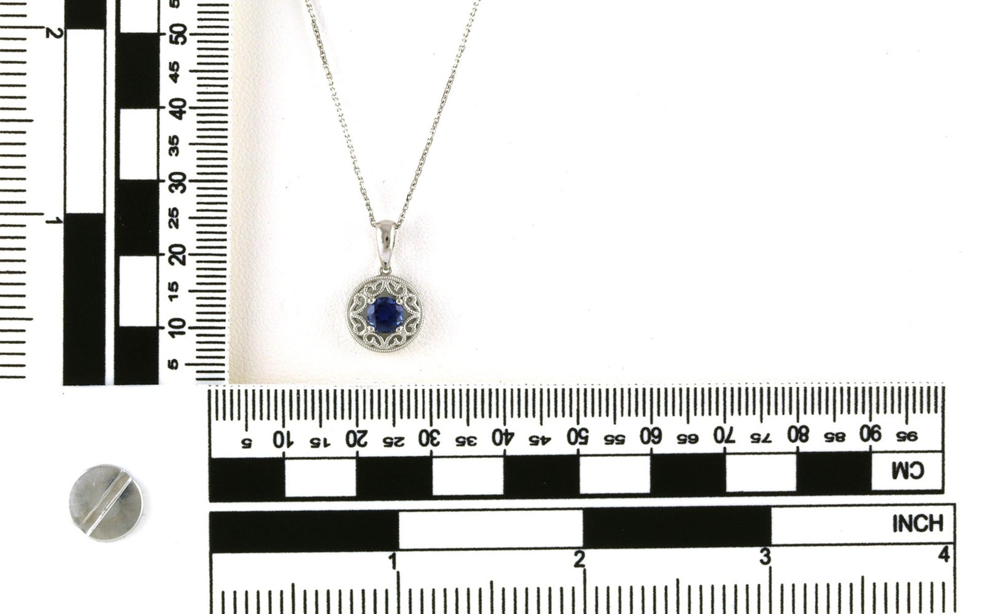 Filigree Halo Montana Yogo Sapphire Necklace with milgrain Detail in White Gold (0.56cts TWT) scale