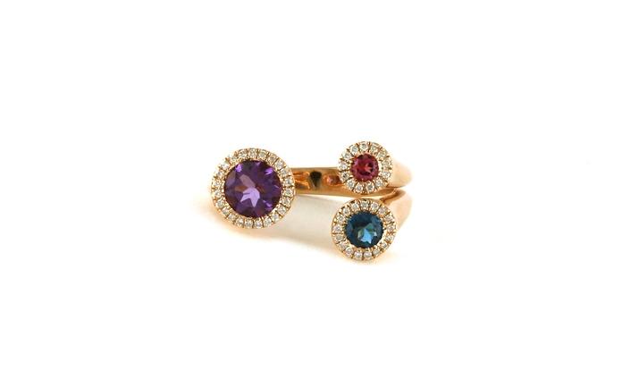 content/products/Estate Piece: Open Halo 3-Stone Amethyst, Blue Topaz, Pink Tourmaline, and Diamond Ring in Rose Gold