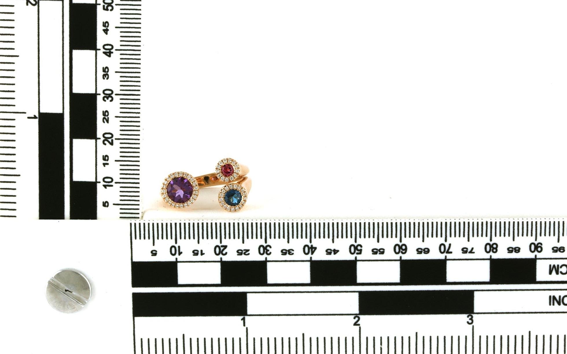 Estate Piece: Open Halo 3-Stone Amethyst, Blue Topaz, Pink Tourmaline, and Diamond Ring in Rose Gold scale