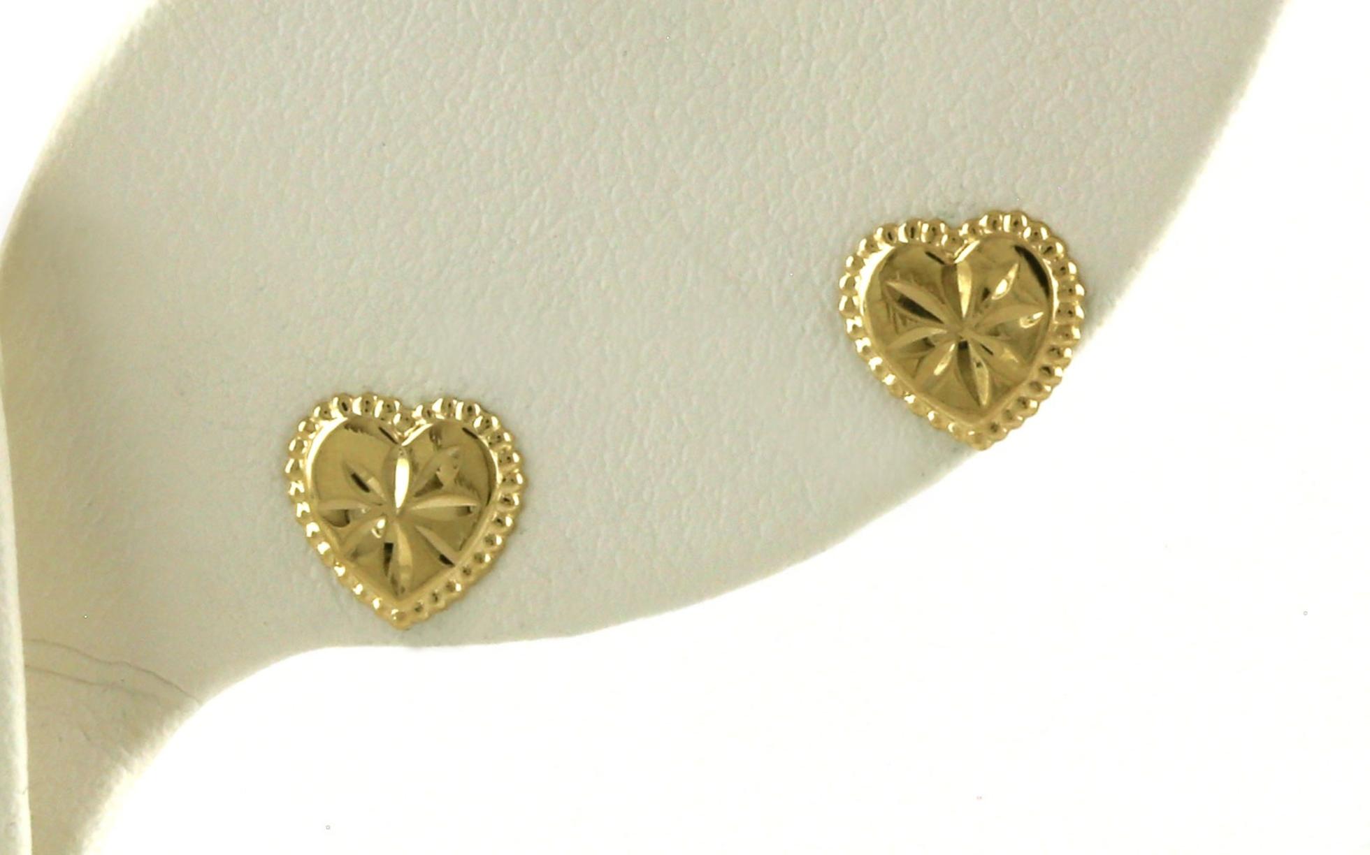 Estate Piece: Flat Heart Stud Earrings with Engraved Details in Yellow Gold