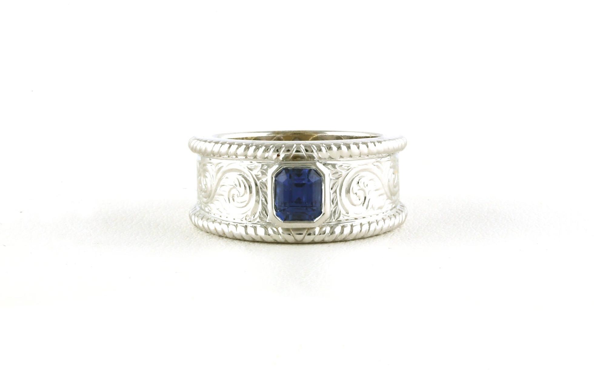Wide Bezel-set Asscher-cut Montana Yogo Sapphire Ring with Western Engraving and Rope-edge Detail in White Gold (0.95cts)