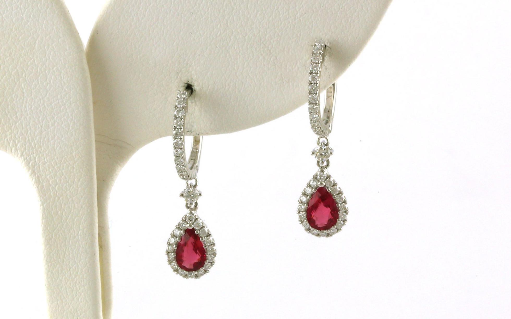 Halo-style Pear-cut Ruby and Diamond Dangle Earrings in White Gold (1.31cts TWT)
