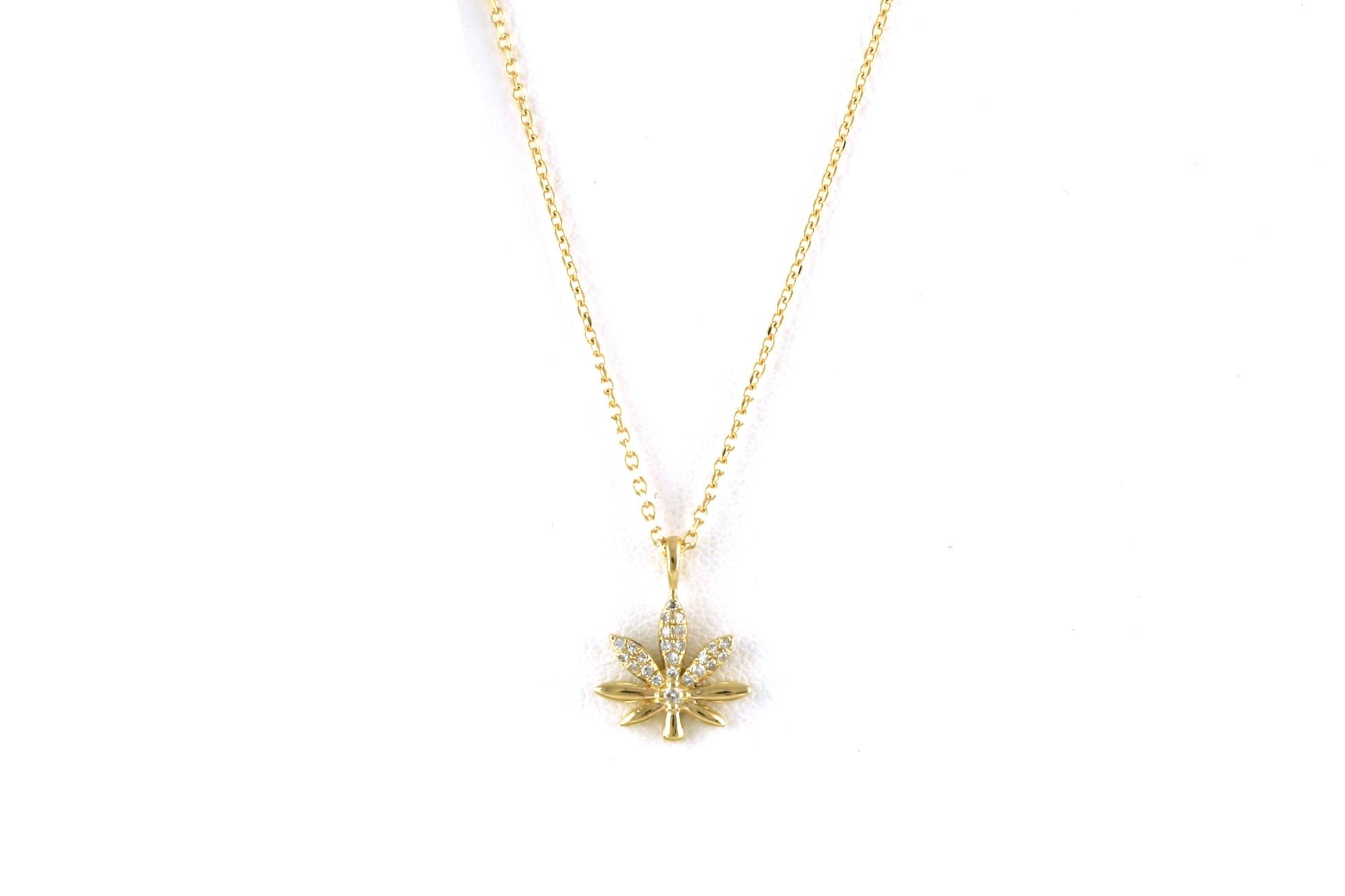 Pave Diamond Pot Leaf Necklace in Yellow Gold (0.07cts TWT)