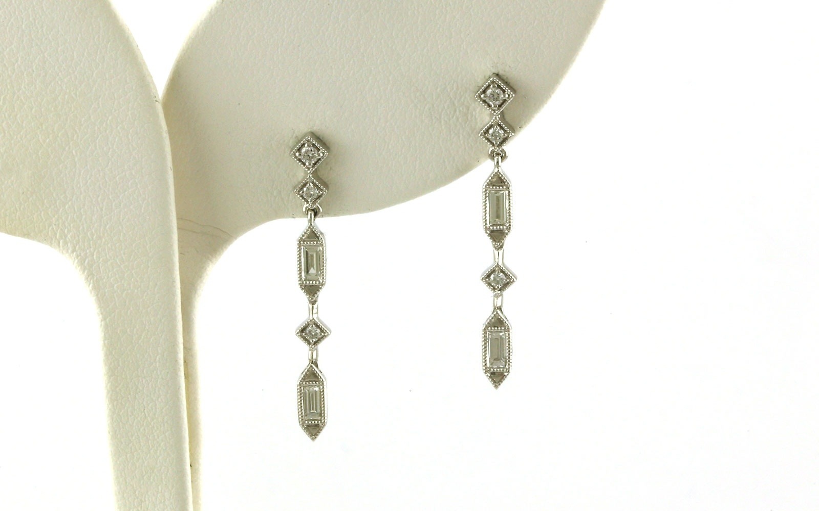 5-Stone Art Deco Baguette and Round Diamond Dangle Earrings in White Gold