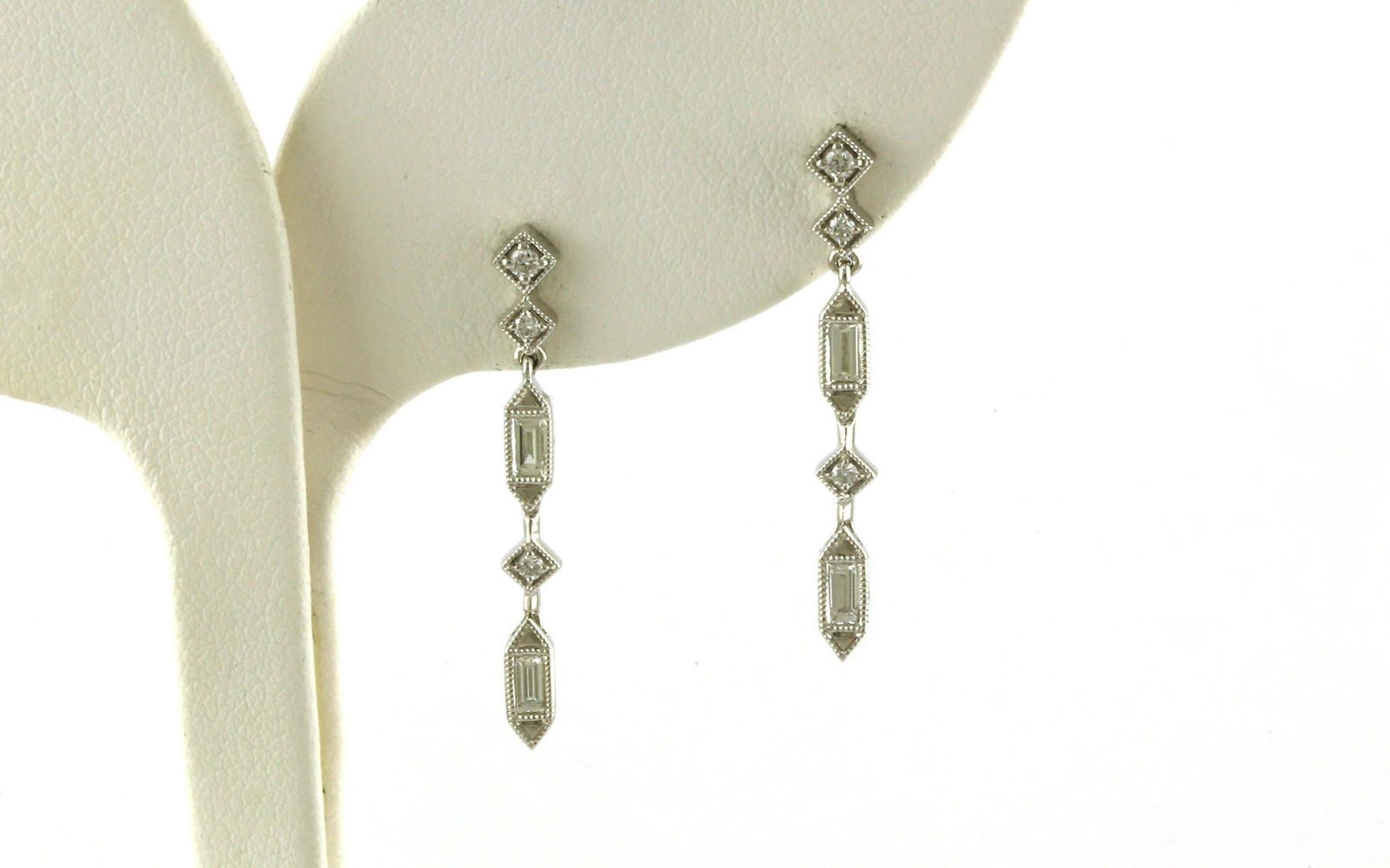 5-Stone Art Deco Baguette and Round Diamond Dangle Earrings in White Gold 