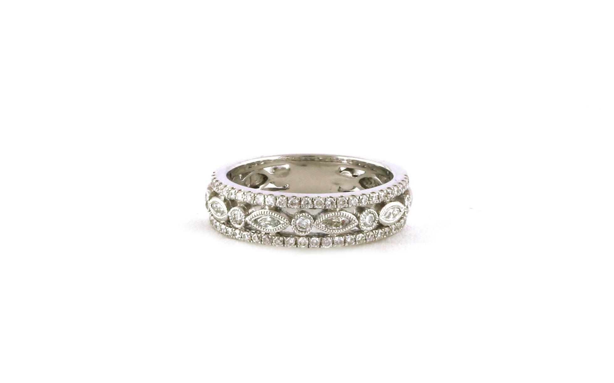 3-Row Pave and Bezel-set Marquise and Round Diamond Ring in White Gold 
