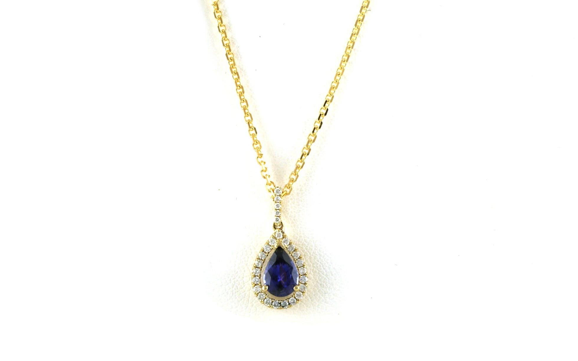 Halo-style Pear-cut Montana Yogo Sapphire and Diamond Necklace in Yellow Gold (1.08cts TWT)