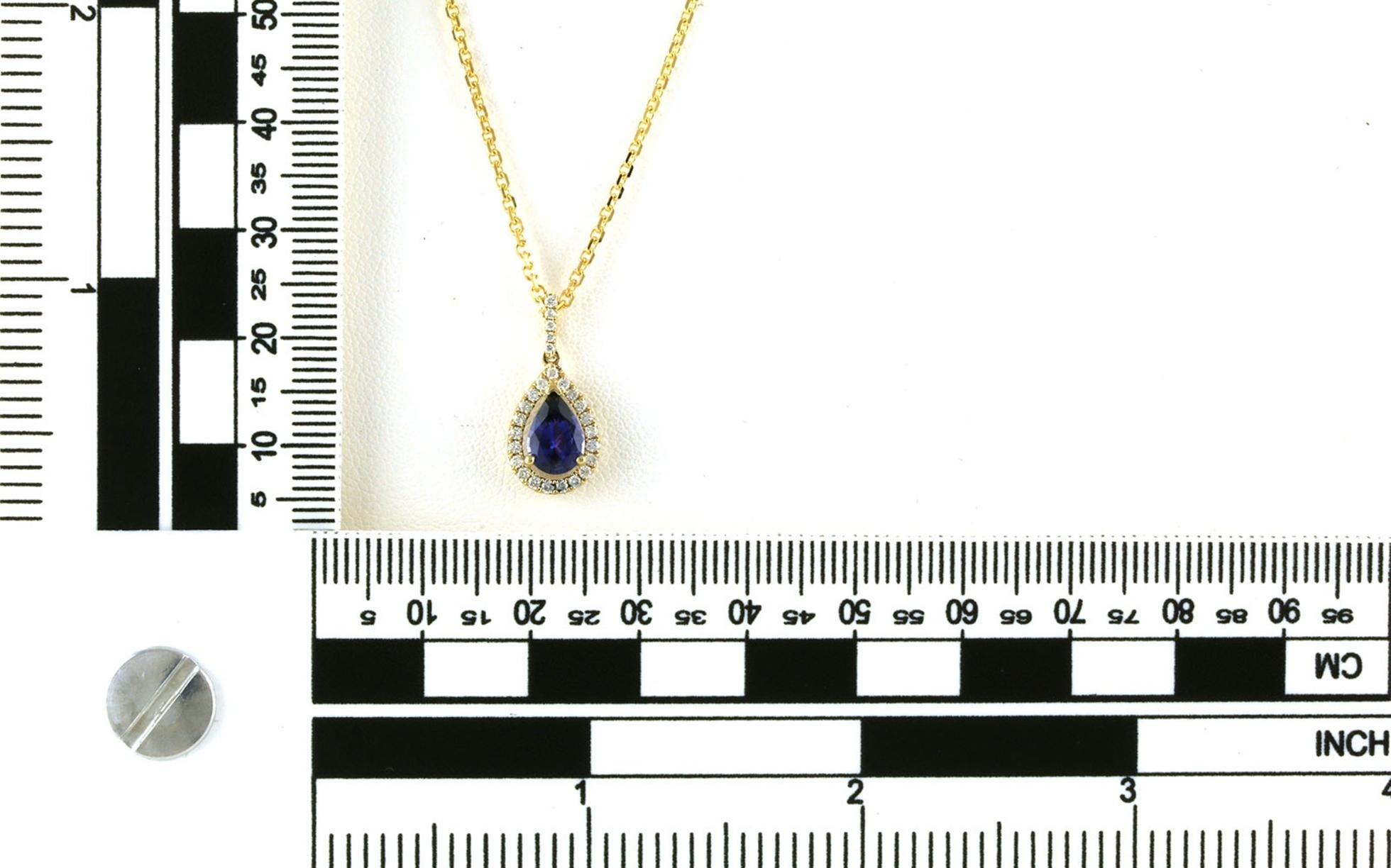 Halo-style Pear-cut Montana Yogo Sapphire and Diamond Necklace in Yellow Gold (1.08cts TWT) scale