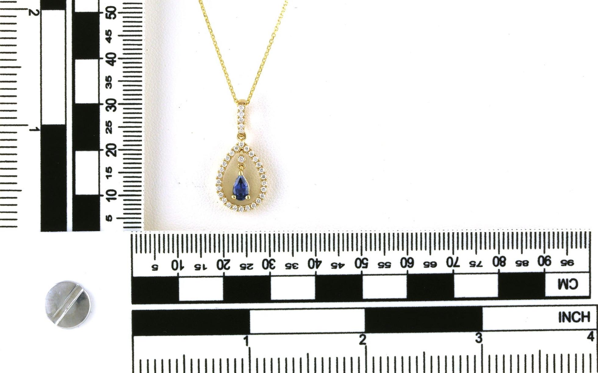 Dangle Halo Pear-cut Montana Yogo Sapphire and Diamond Necklace in Yellow Gold (0.70cts TWT) scale