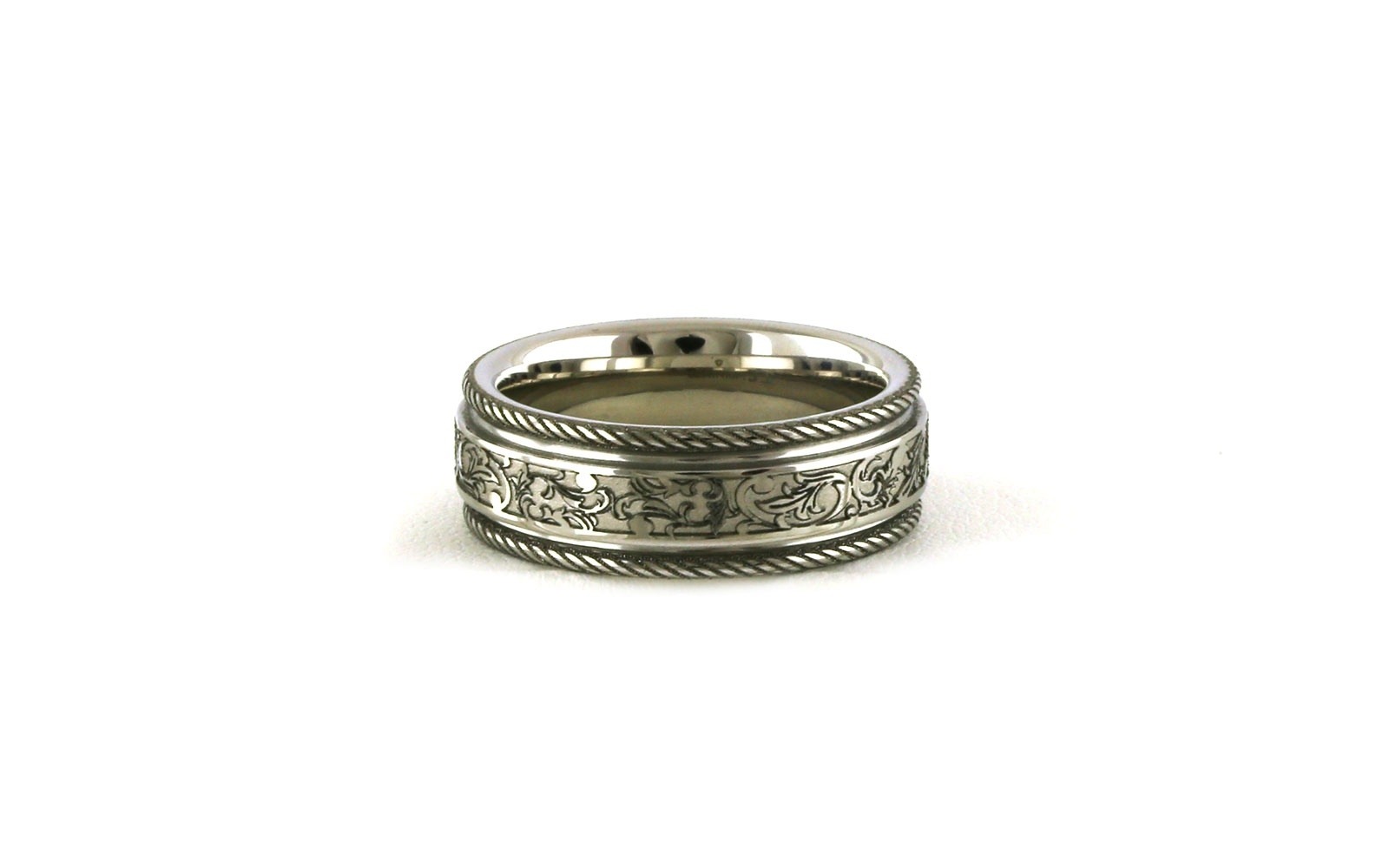 Floral Latigo Laser Engraved Wedding Band with Rope Edge Detail in Serinium