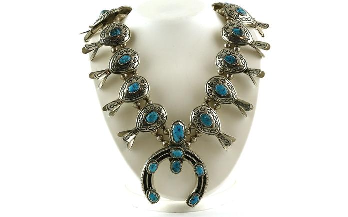 content/products/Estate Piece: Squash Blossom Turquoise Necklace in Sterling Silver