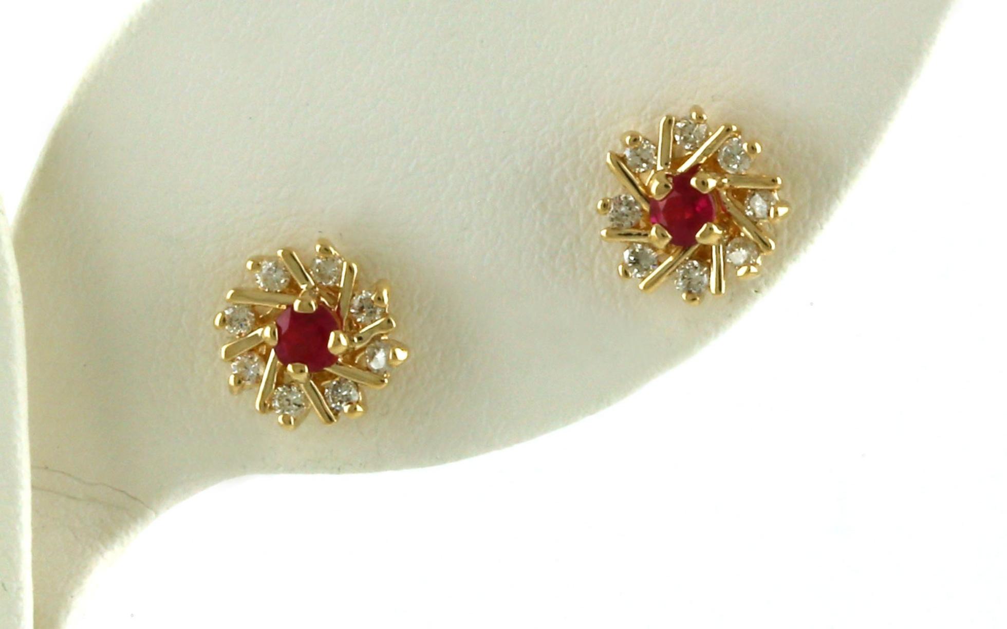Estate Piece: Spiral Halo Cluster Ruby and Diamond Stud Earrings in Yellow Gold (0.41cts TWT)