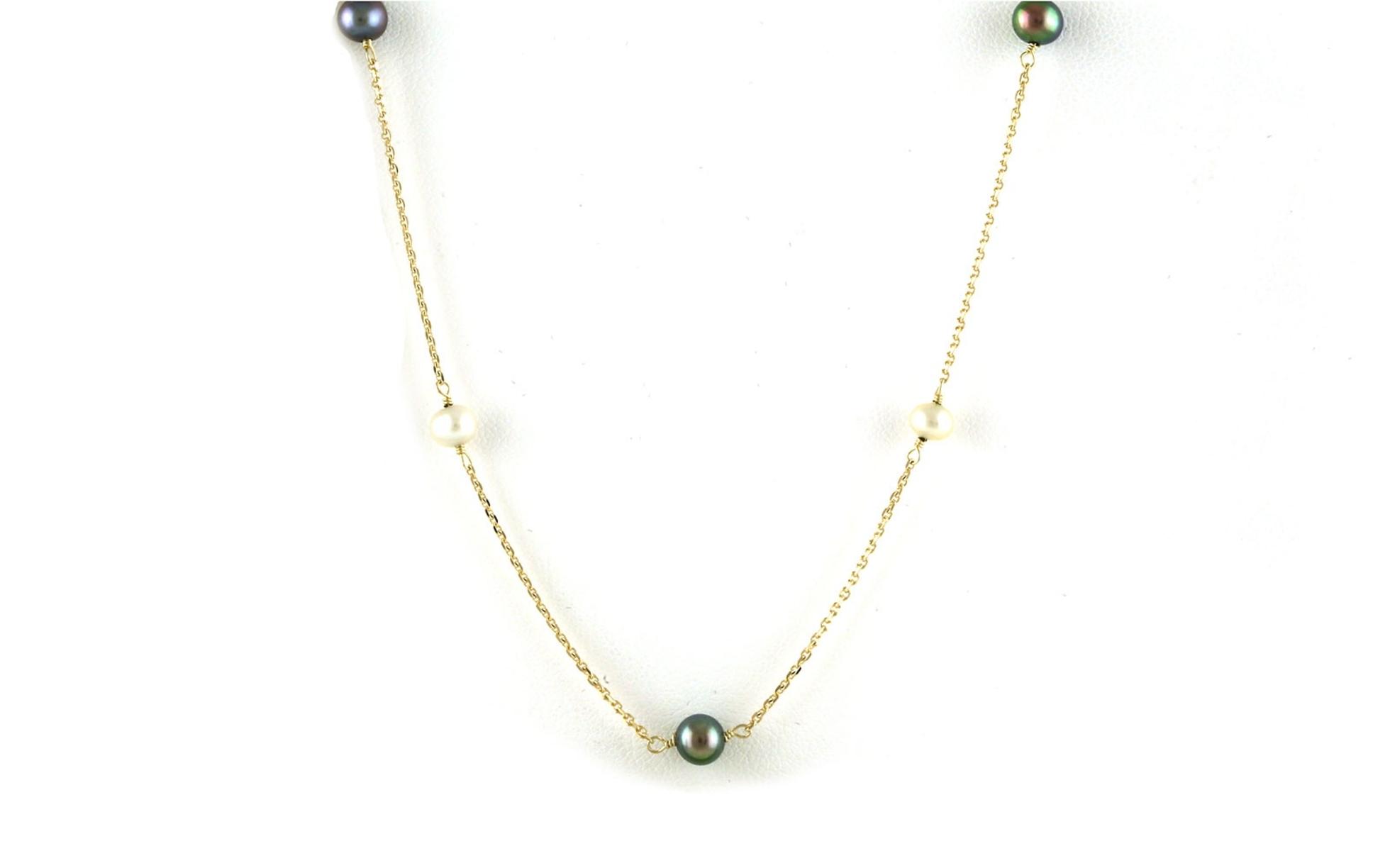 Two-tone Fresh Water Pearl Station Necklace in Yellow Gold 