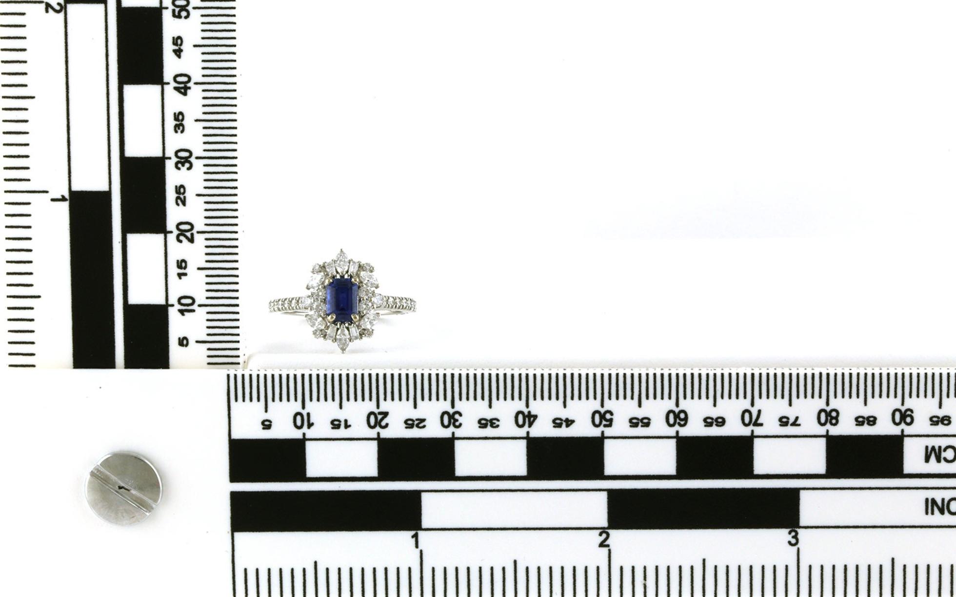 Montana Yogo Sapphire Ring with Cluster Diamond Halo in White Gold (1.16cts TWT) Scale