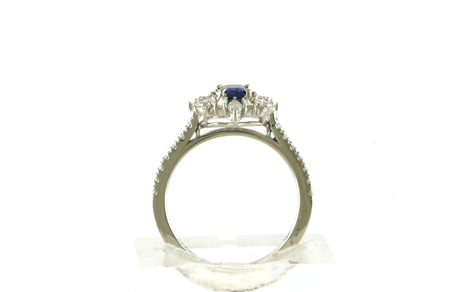 Montana Yogo Sapphire Ring with Cluster Diamond Halo in White Gold (1.16cts TWT) Side View