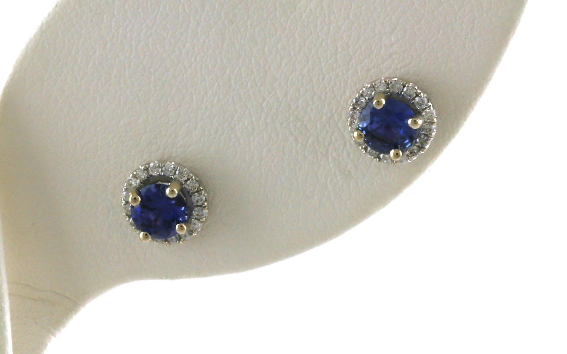 Round Montana Yogo Sapphire with Diamond Halo Stud Earrings (0.65cts TWT)