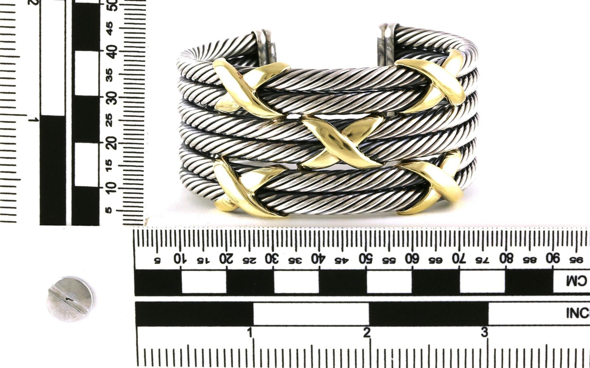 Estate Piece: David Yurman Two-Tone Sterling Silver and Yellow Gold Rope X-design Bracelet Scale