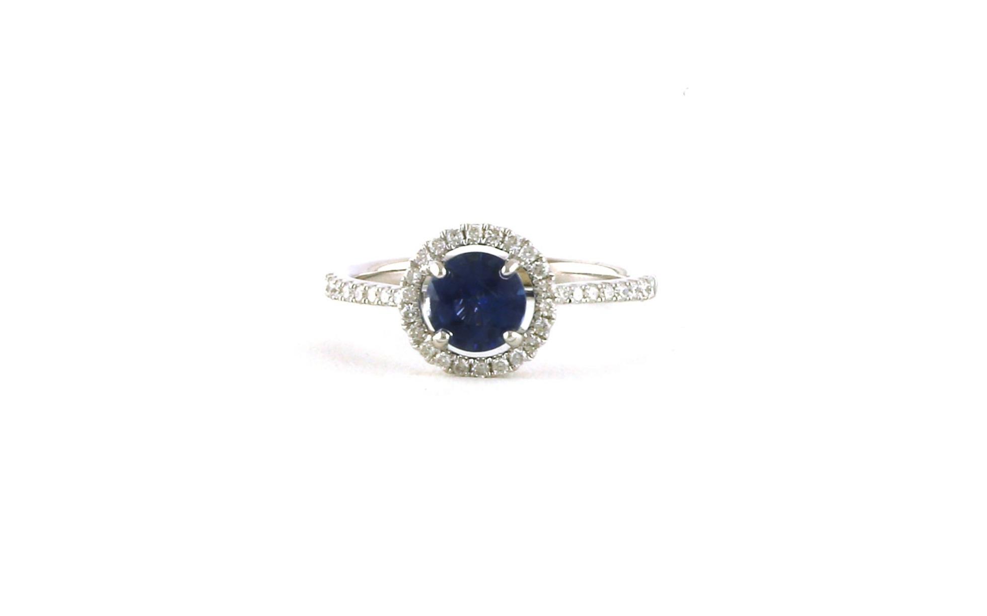 Round Sapphire Ring with Diamond Halo and Pave Diamond Shank in White Gold (1.20cts TWT)