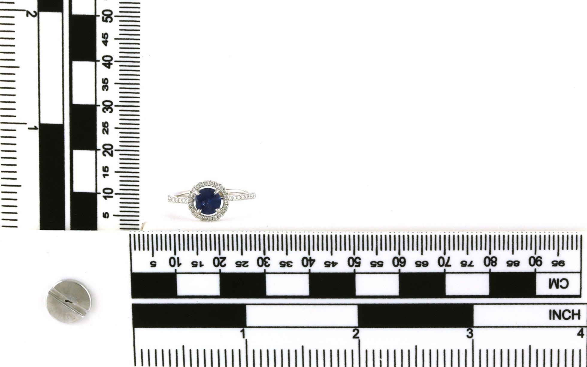 Round Sapphire Ring with Diamond Halo and Pave Diamond Shank in White Gold (1.20cts TWT) scale