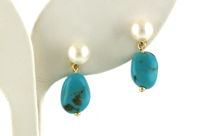 content/products/2-Stone Pearl and Turquoise Dangle Stud Earrings in Yellow Gold 
