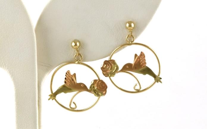 content/products/Estate Piece: Circle Hummingbird Dangling Earrings in Two-tone Rose and Yellow Gold