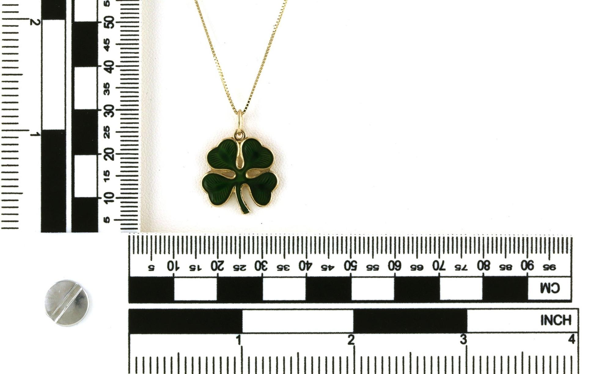 Estate Piece: Green Enamel Four Leaf Clover Necklace in Yellow Gold scale