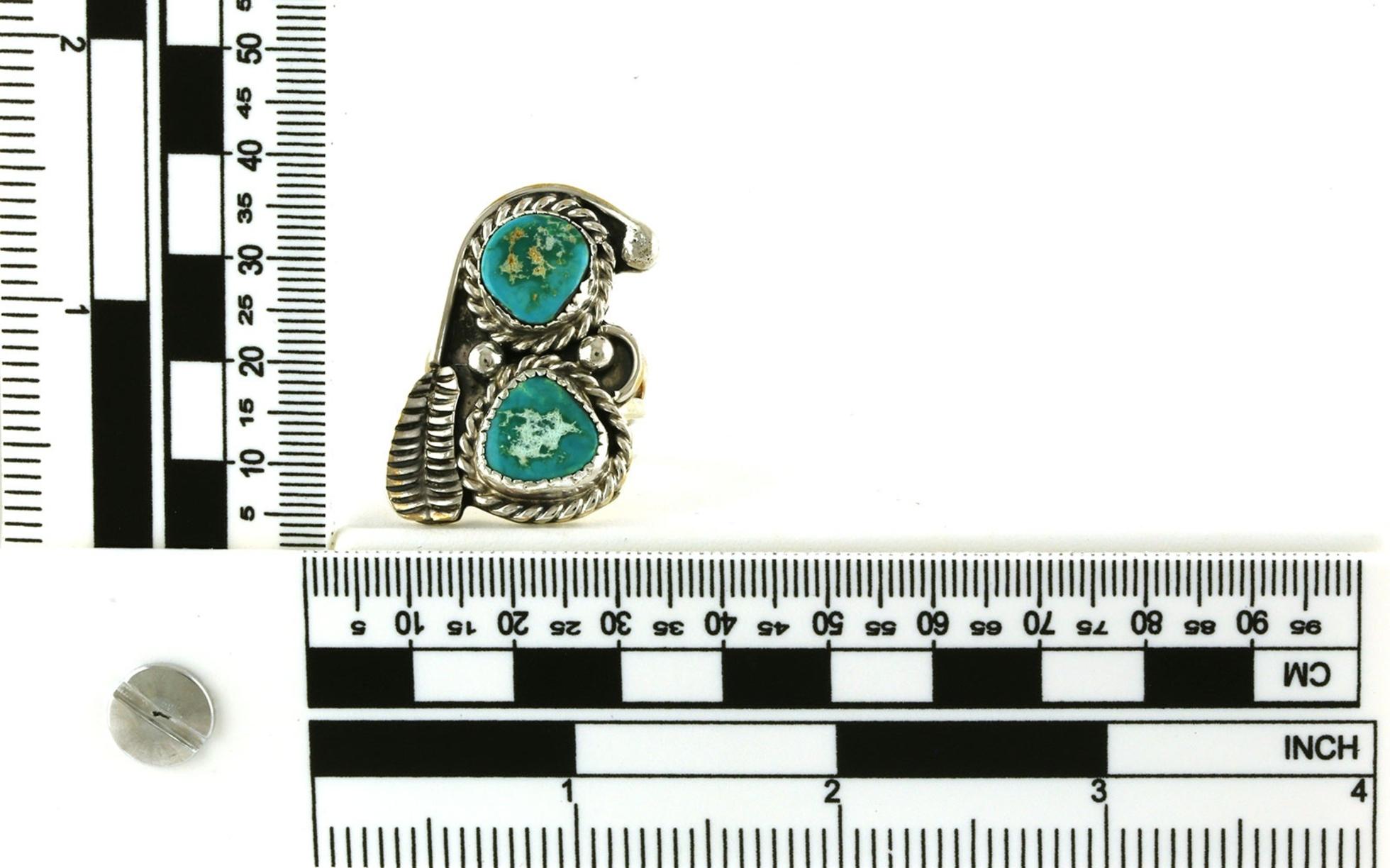 Estate Piece: 2-stone Turquoise Feather Ring in Sterling Silver scale