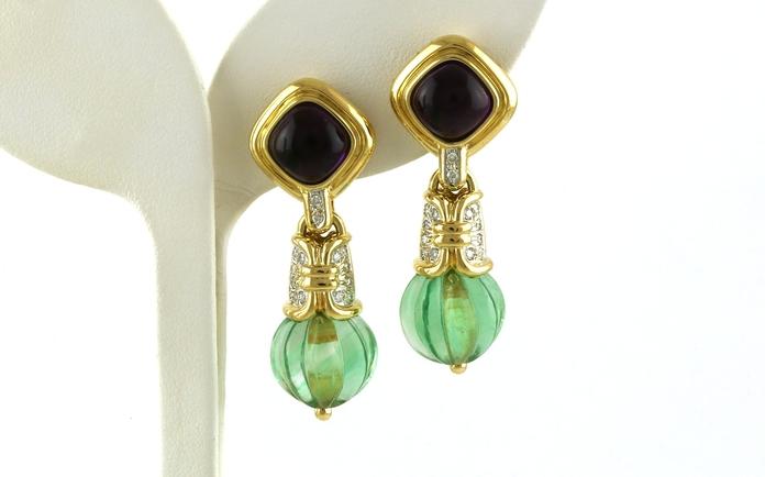 content/products/Estate Piece: Drop Bezel-set Cabochon Amethyst and Carved Green Quartz and Diamond Dangle Earrings in Yellow Gold