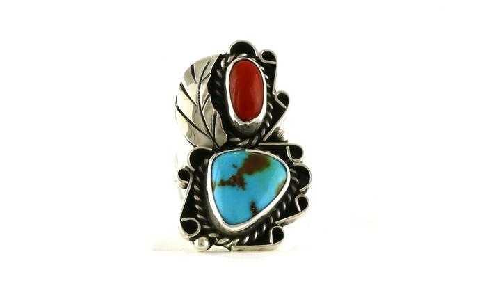 content/products/Estate Piece:2-Stone Southwest Leaf Turquoise and Coral Ring in Sterling Silver