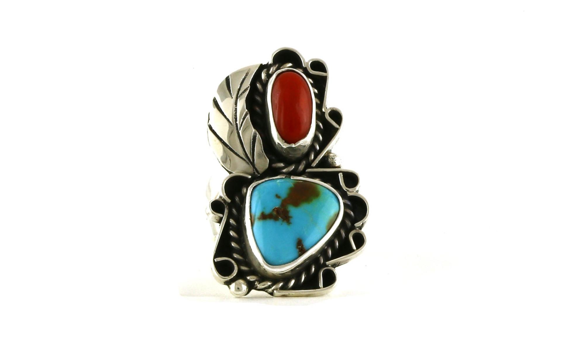 Estate Piece:2-Stone Southwest Leaf Turquoise and Coral Ring in Sterling Silver