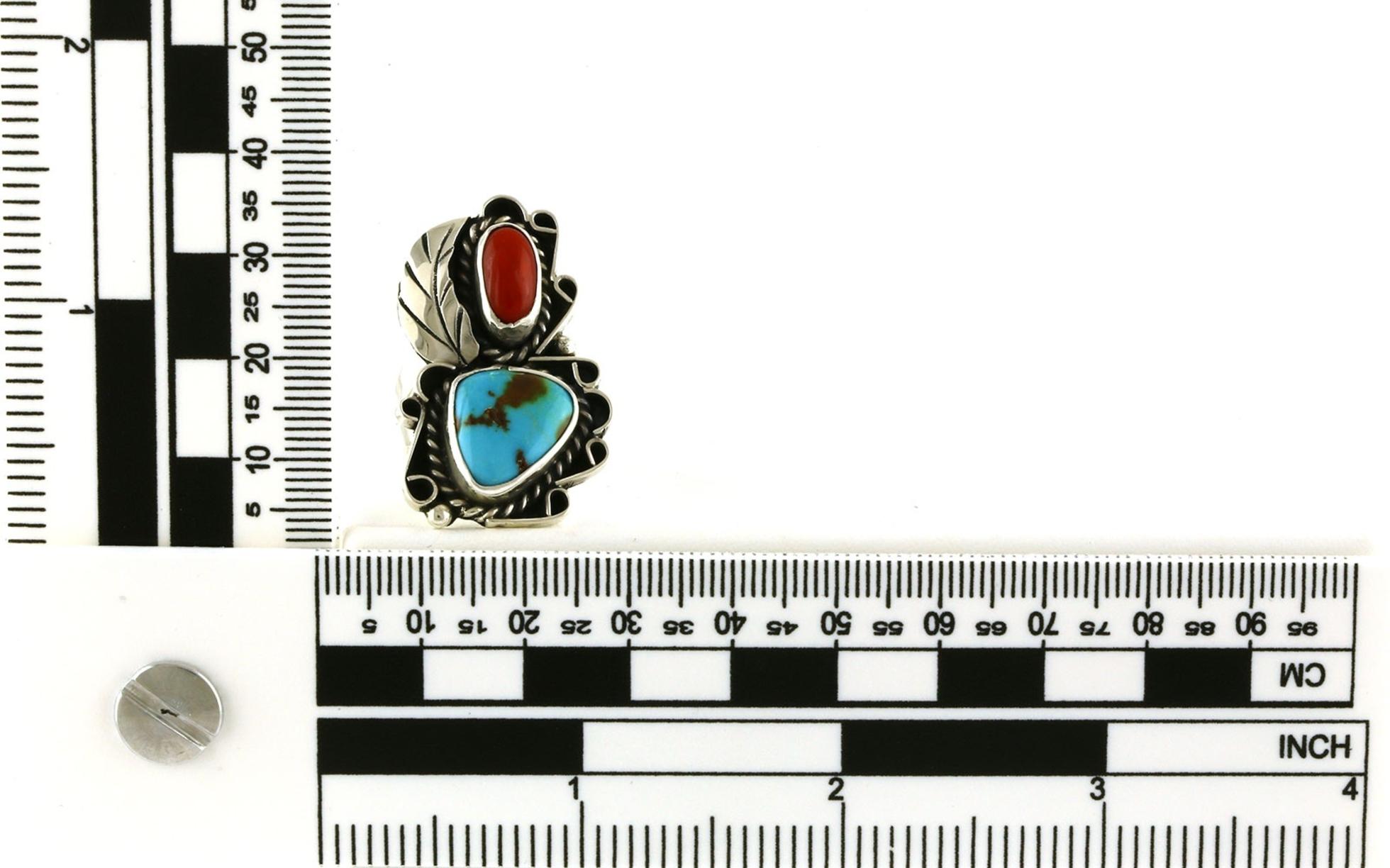 Estate Piece:2-Stone Southwest Leaf Turquoise and Coral Ring in Sterling Silver scale