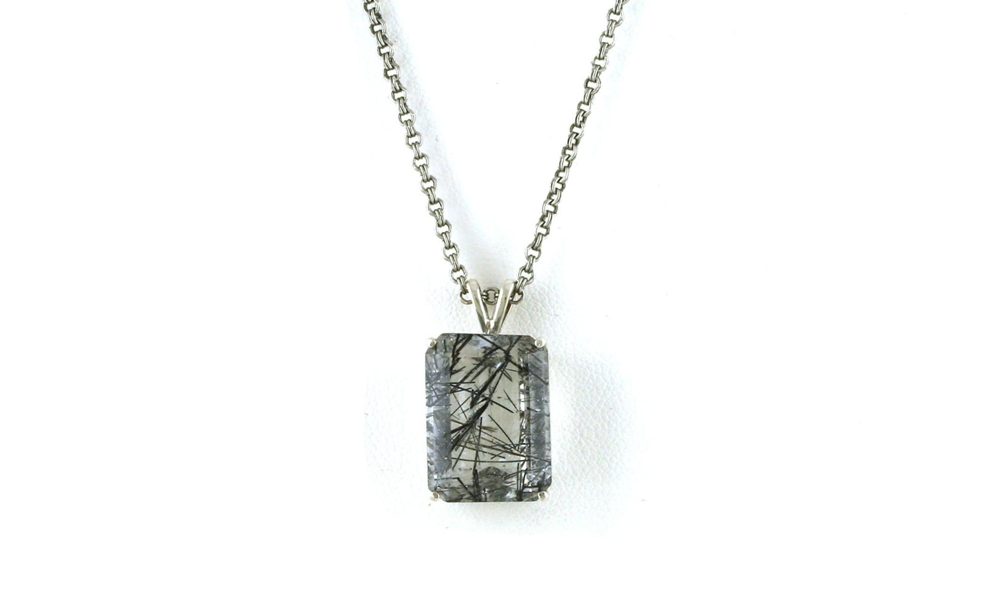 Estate Piece: Solitaire-style Emerald-cut Rutilated Quartz Necklace in Sterling Silver