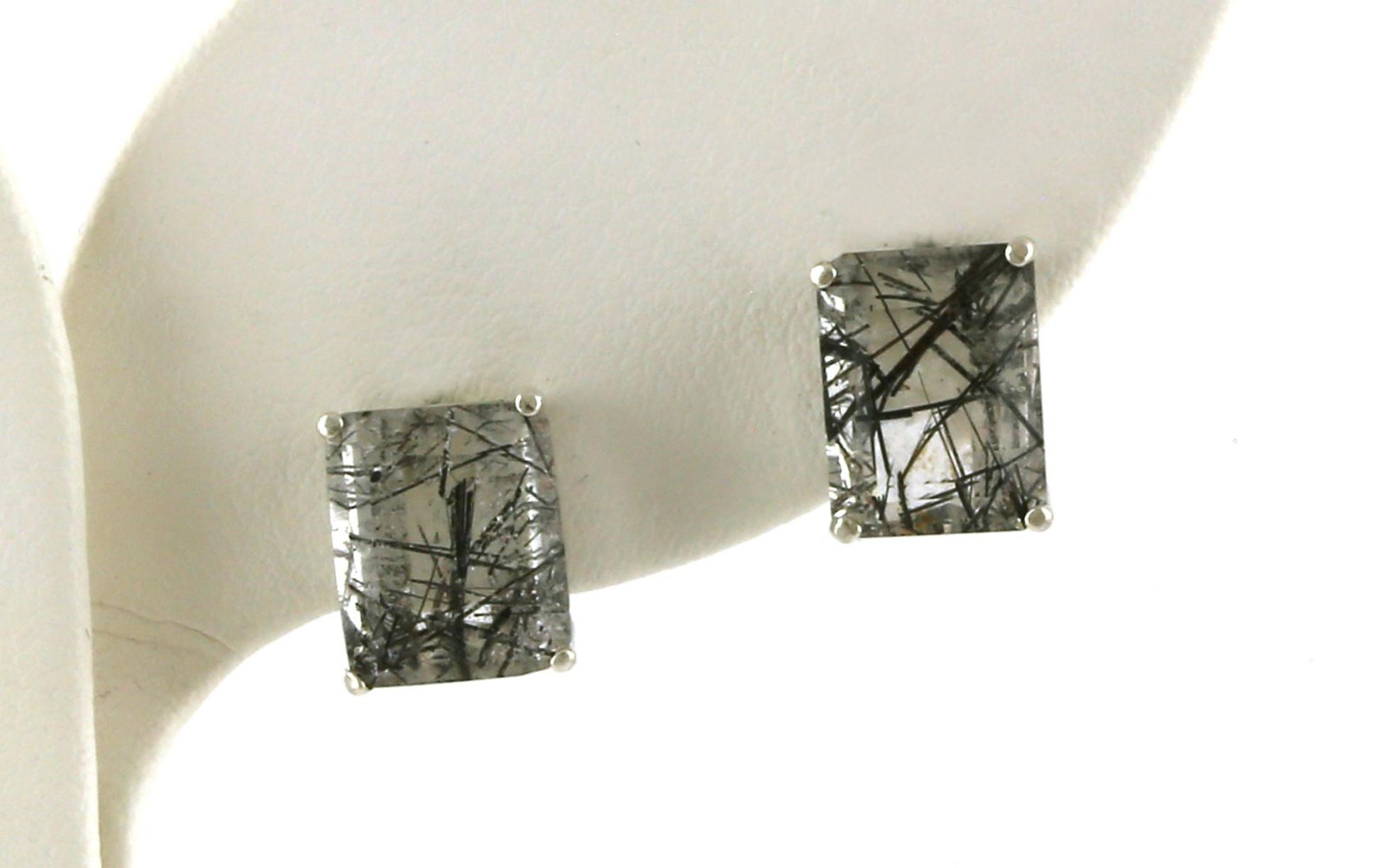 Estate Piece: Solitaire-style Emerald-cut Rutilated Quartz Stud Earrings in Sterling Silver