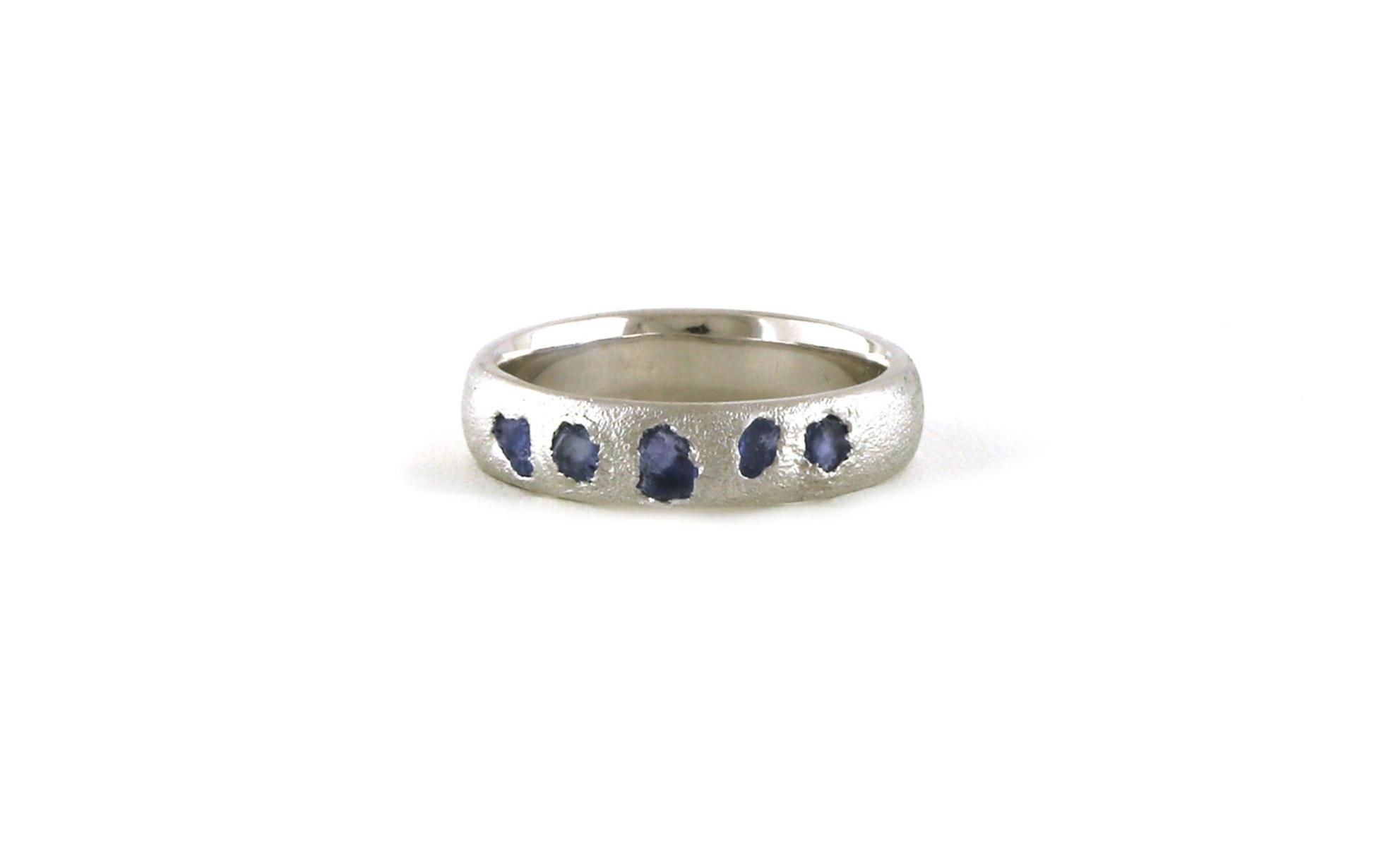 5-Stone Flush-set Raw Un-cut Montana Yogo Sapphire Ring with Diamond Finish Texture in White Gold (0.80cts TWT)