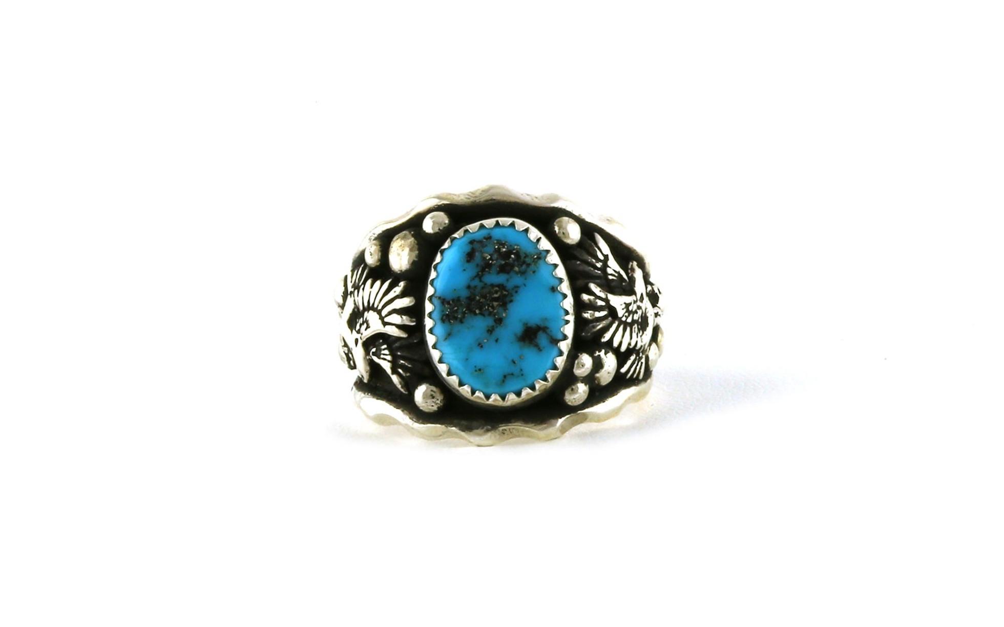 Estate Piece: Eagle Detail Bezel-set Turquoise Ring with Antiquing in Sterling Silver