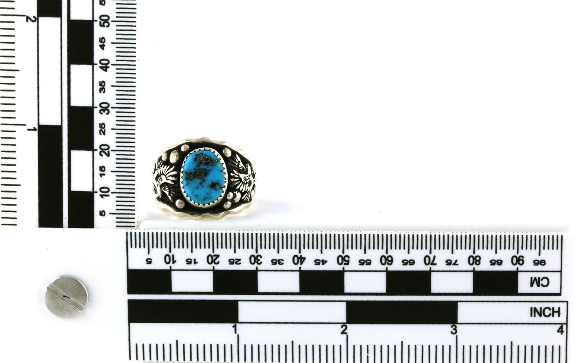 Estate Piece: Eagle Detail Bezel-set Turquoise Ring with Antiquing in Sterling Silver scale