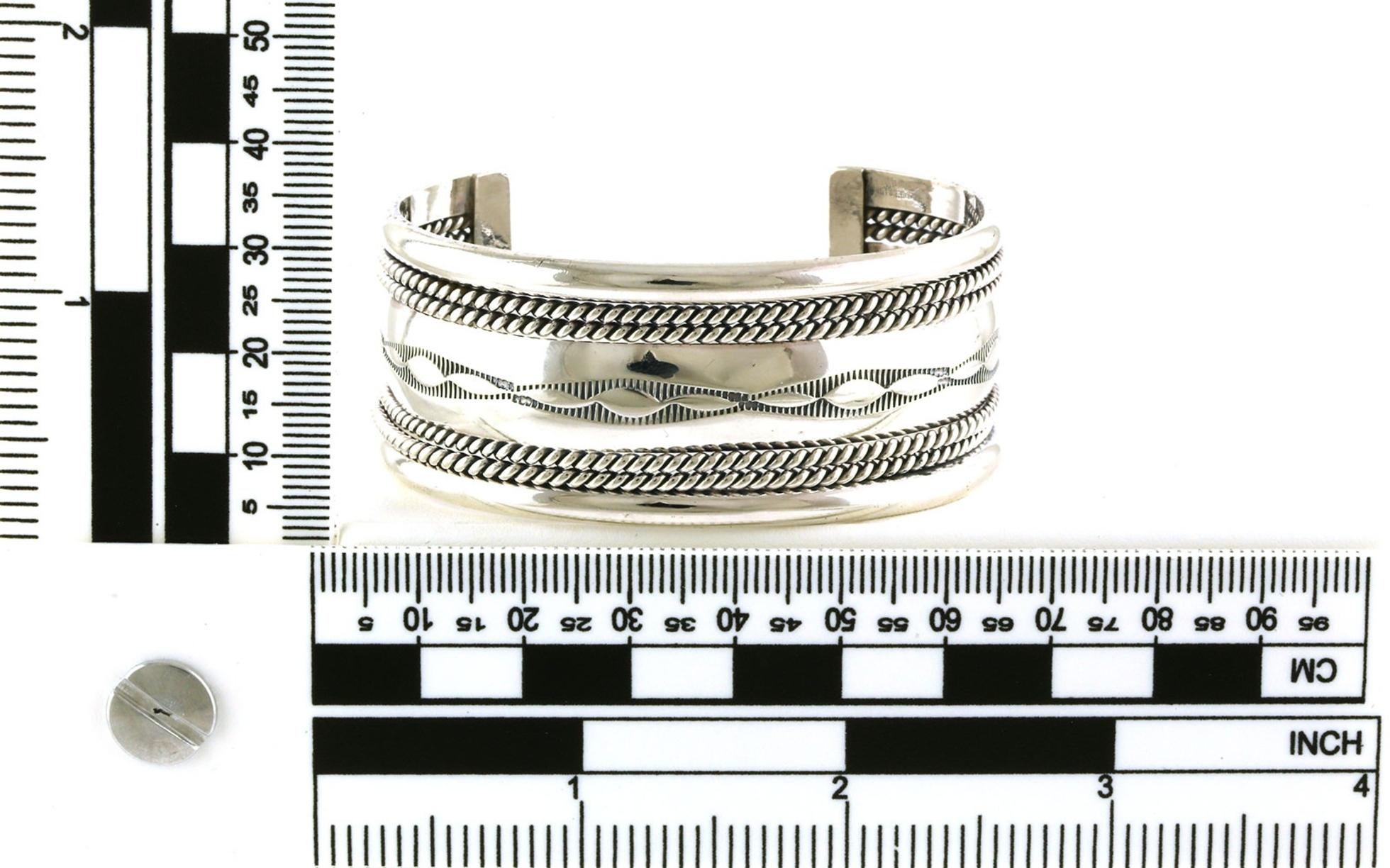 Estate Piece: Wide Southwestern Engraved Patten Cuff Bracelet in Sterling Silver scale