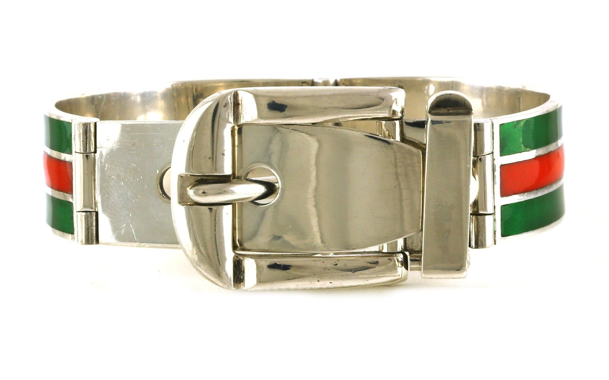 Estate Piece: Gucci Belt Red and Green Enamel Bracelet in Sterling Silver