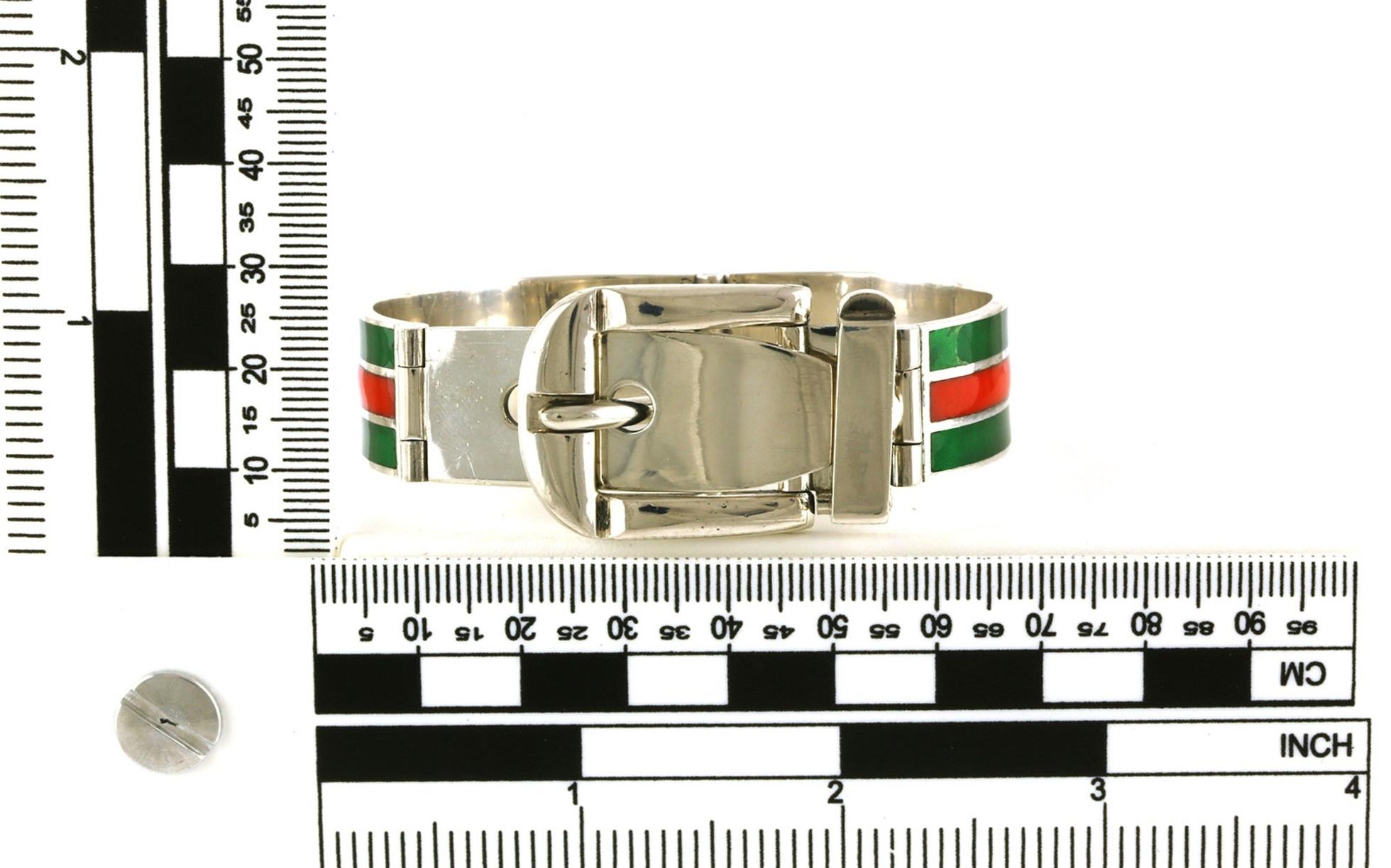 Estate Piece: Gucci Belt Red and Green Enamel Bracelet in Sterling Silver scale