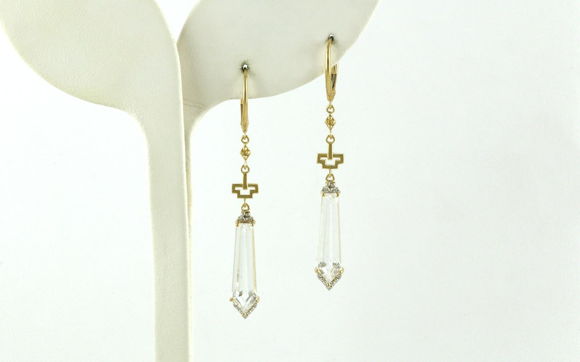 Bullet-cut White Topaz and Diamond Dangle Earrings with Geometric Design Accent in Yellow Gold (4.42cts TWT)