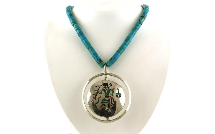 content/products/Estate Piece: Turquoise and Coral Dancer and Leaves Circle Spinner Necklace on Turquoise Bead Strand in Sterling Silver back
