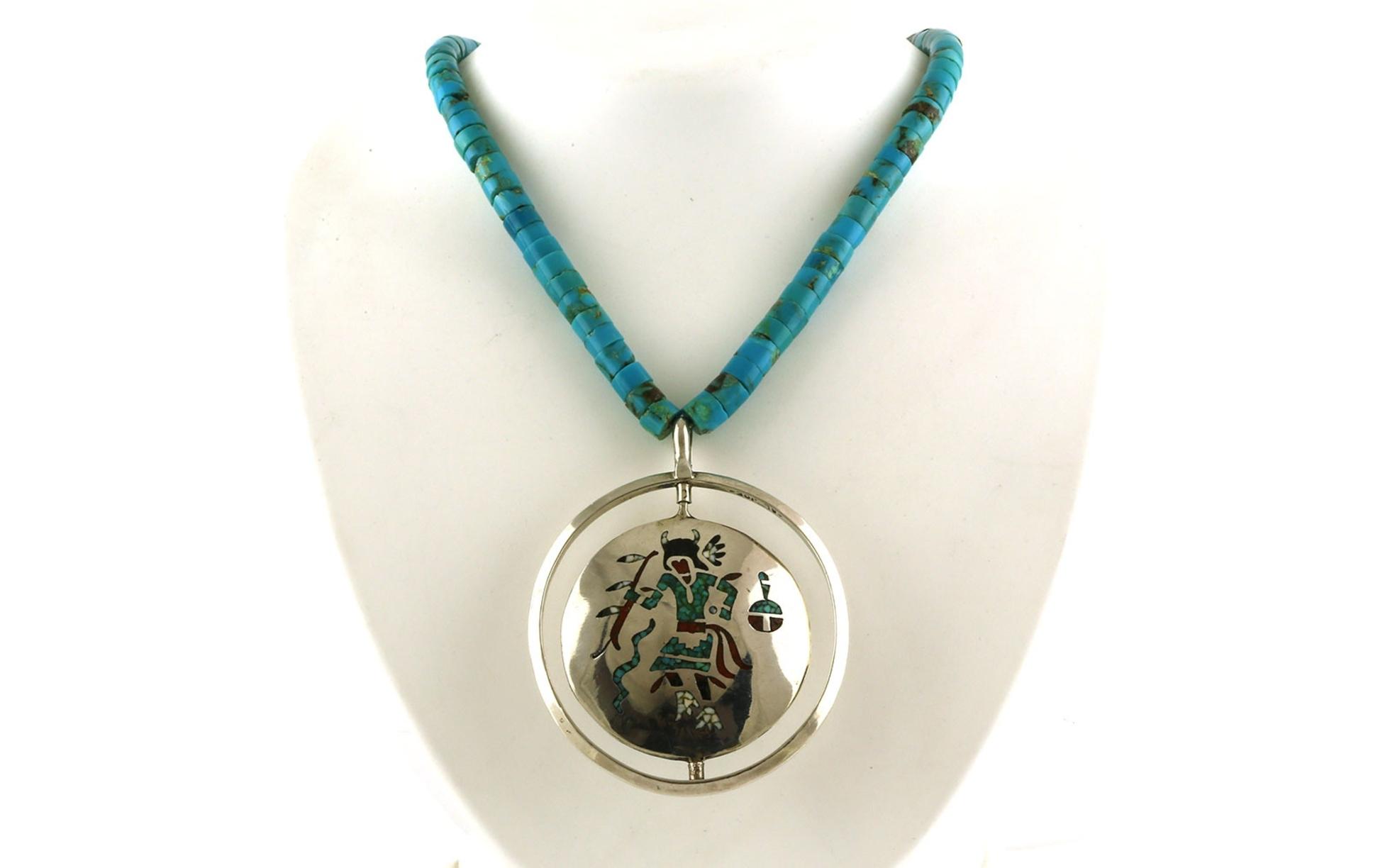 Estate Piece: Turquoise and Coral Dancer and Leaves Circle Spinner Necklace on Turquoise Bead Strand in Sterling Silver back