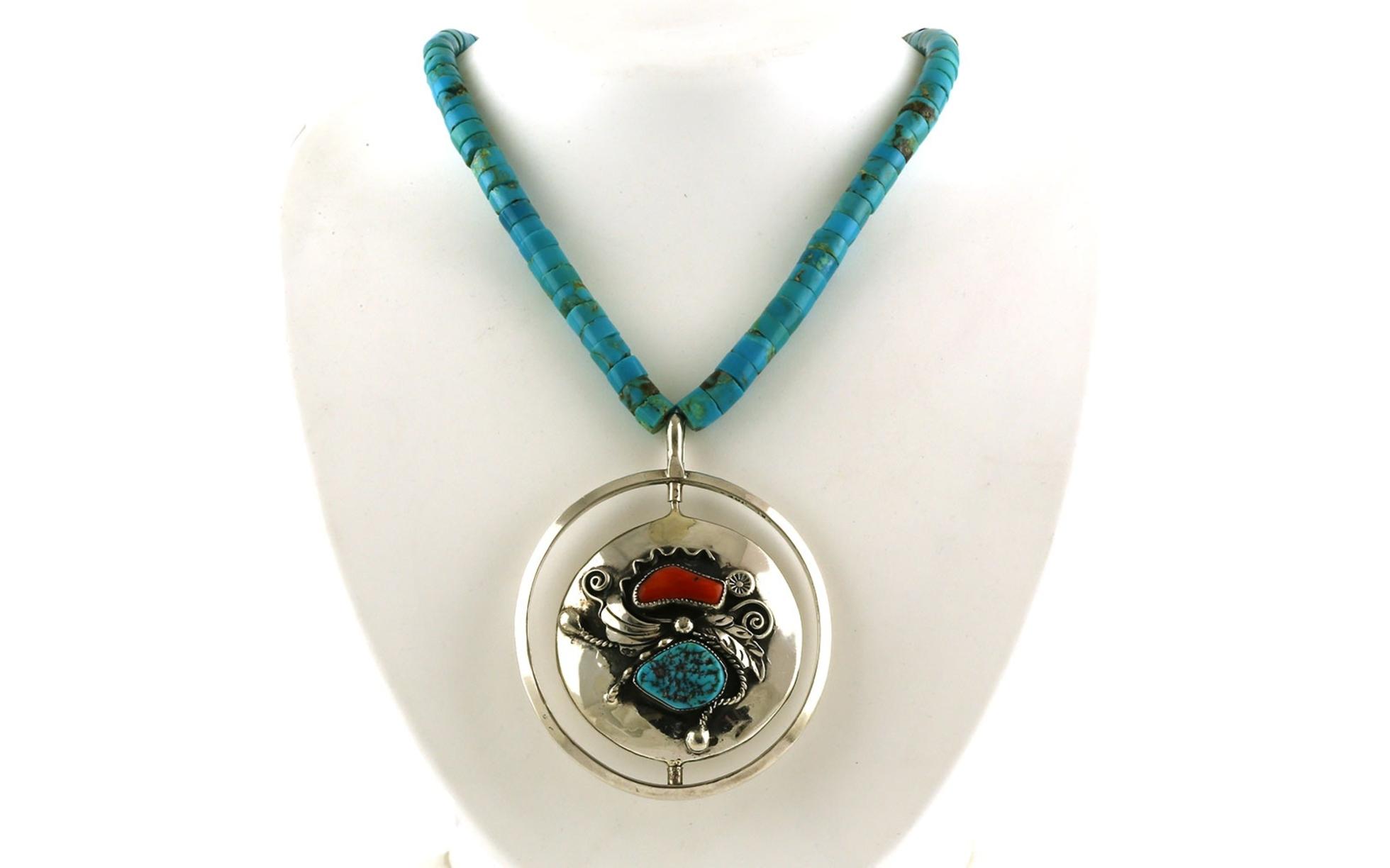 Estate Piece: Turquoise and Coral Dancer and Leaves Circle Spinner Necklace on Turquoise Bead Strand in Sterling Silver front