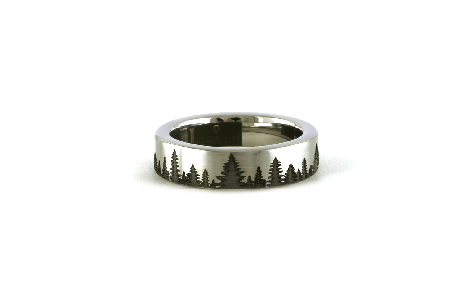Flat Comfort Fit Tree Laser Engraved Wedding Band in Serinium