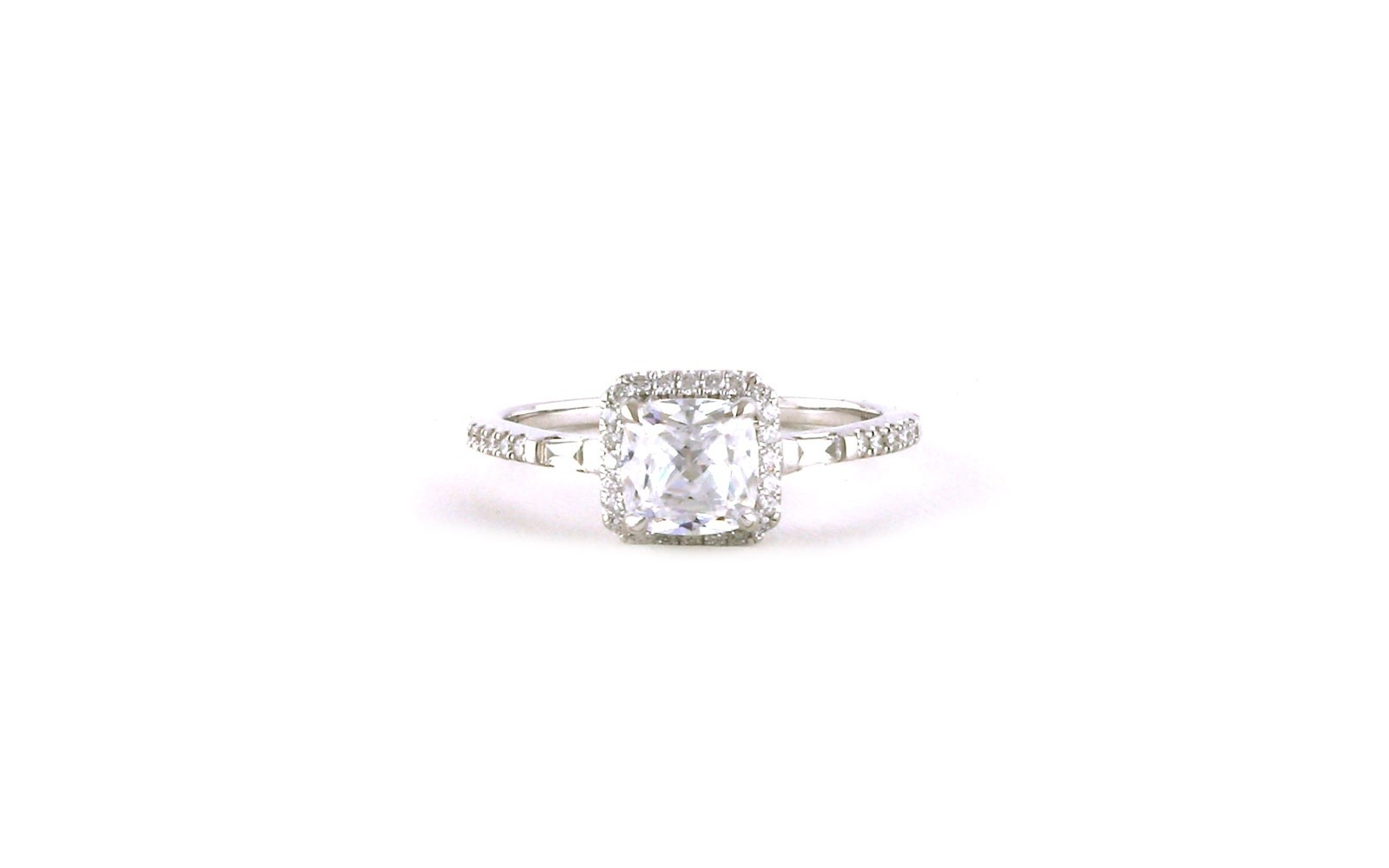Halo-style Cushion-cut Engagement Ring Mounting with Baguette-cut Side-stones in White Gold (0.20cts TWT)
